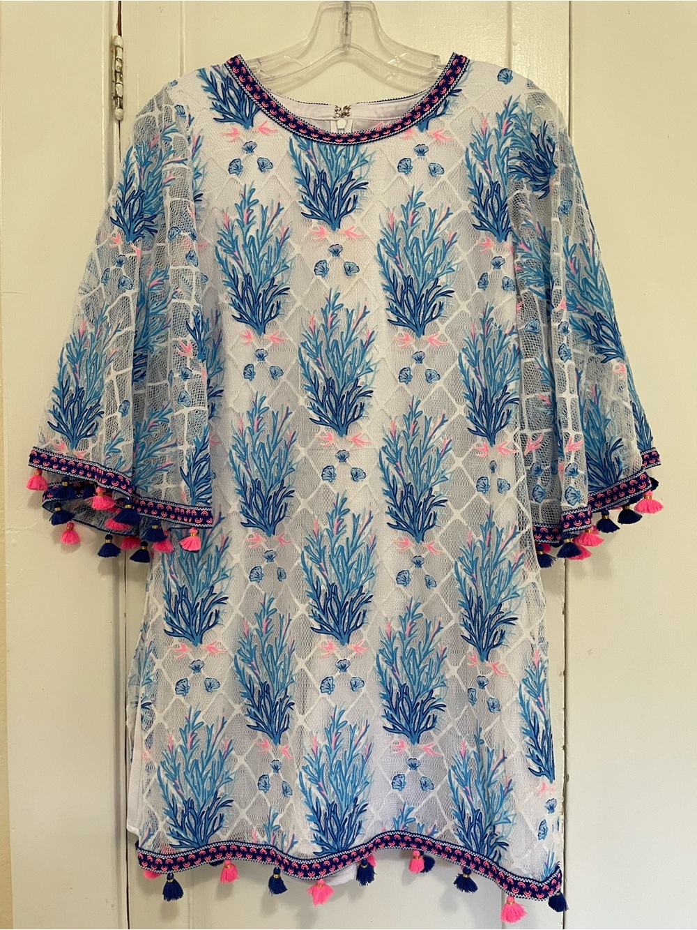 Lilly Pulitzer Jackelin Lace Skirted Romper Tunic with Blue lace tassels size 6